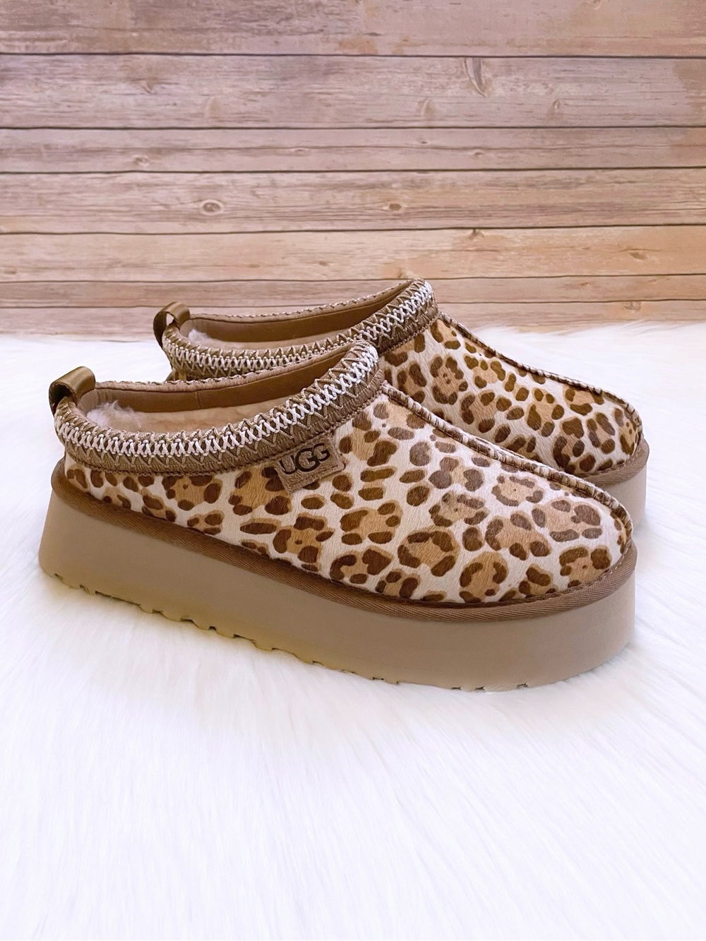 UGG Women’s Tazz Plains Leopard Print Calf Hair Platform Clog Slippers